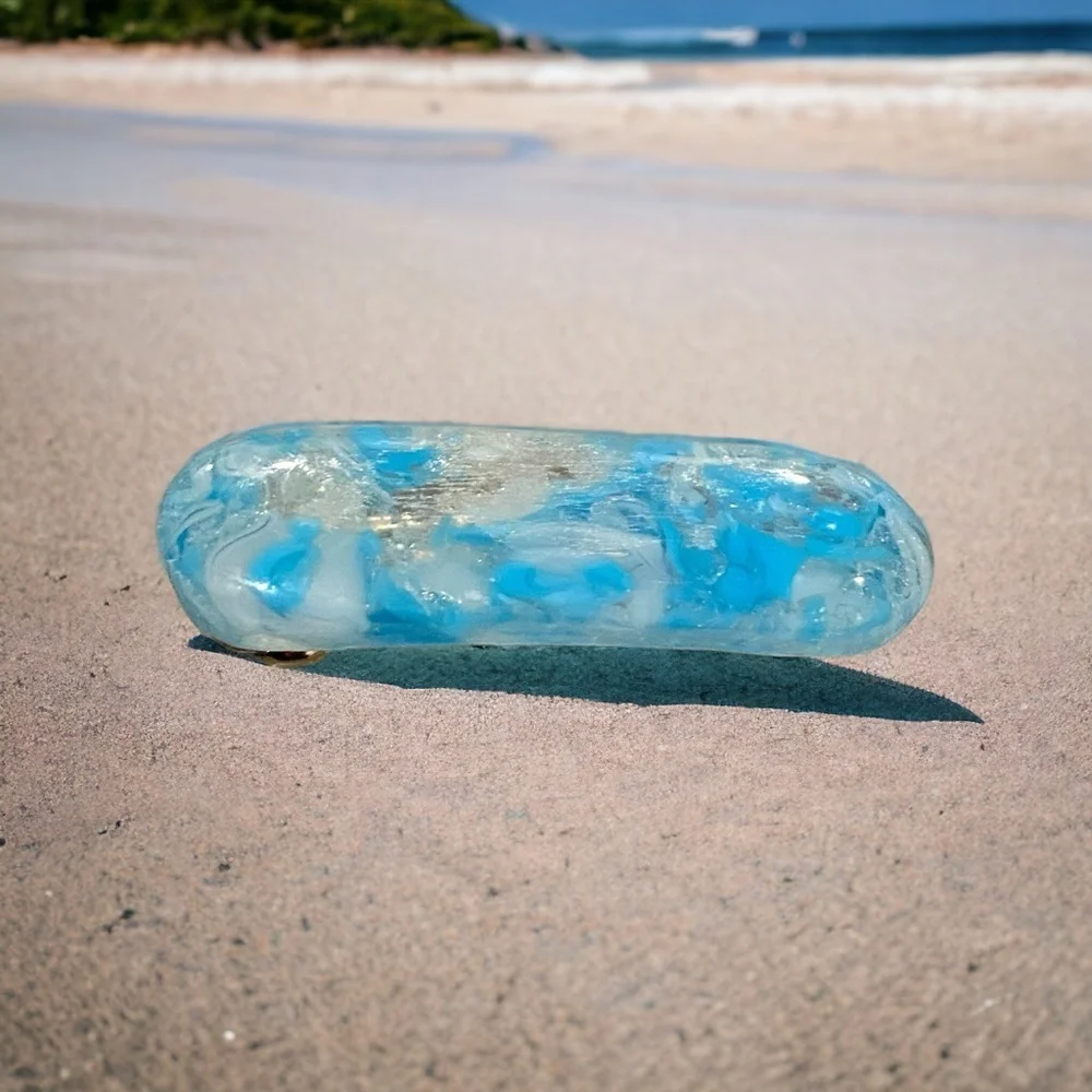 Artisan hand crafted light blue, clear & white 3” fused glass‎ French barrette